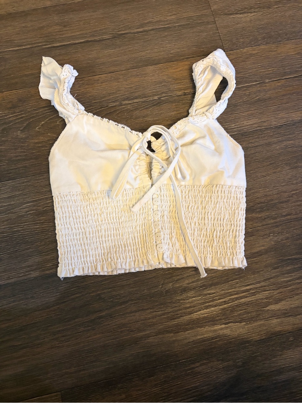 SHEKOU Women’s Peasant Smocked Cream Crop Top One Size - Picture 2 of 7